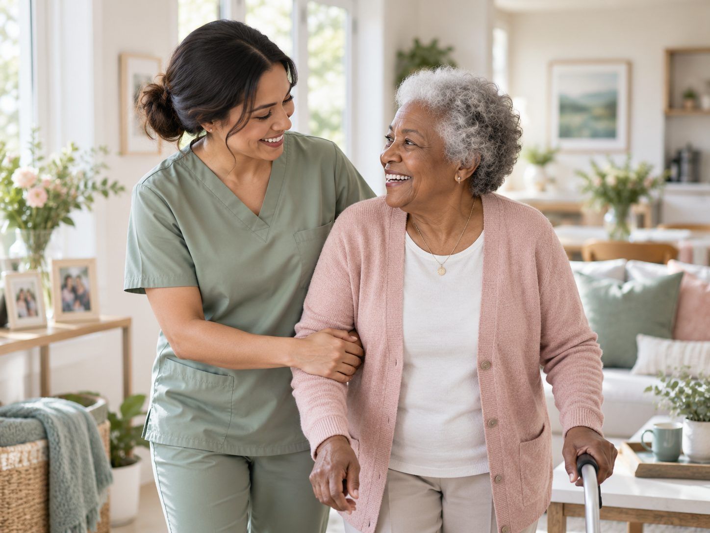 A caregiver walking arm in arm with an older woman through a bright living room