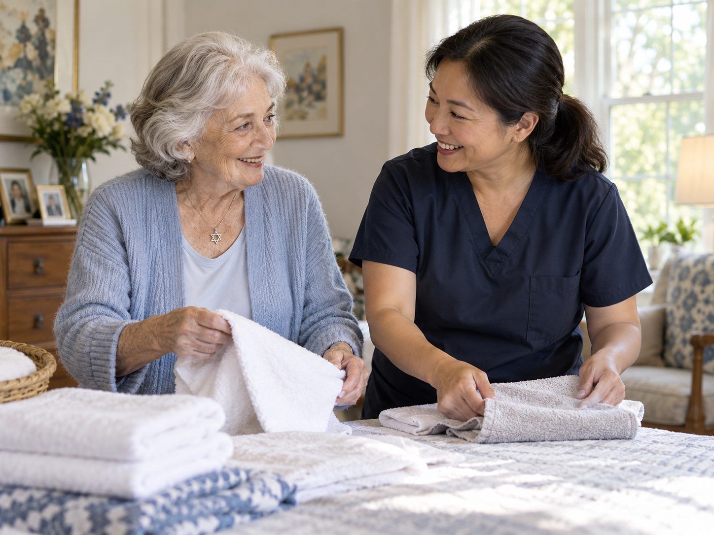 A caregiver and an older woman folding towels together on a bed