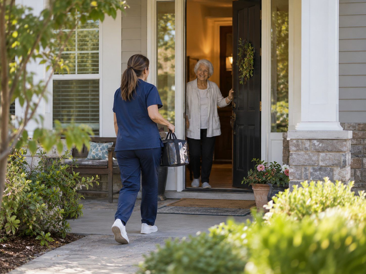 A caregiver carrying a meal bag up the front walk to an older woman waiting at her open front door