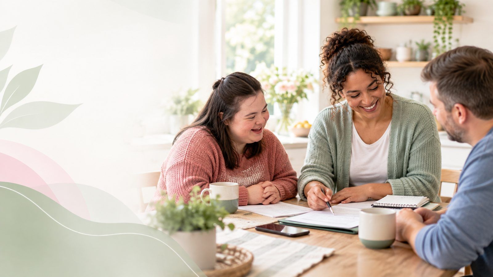 A care coordinator and two family members going through a care plan together at a kitchen table